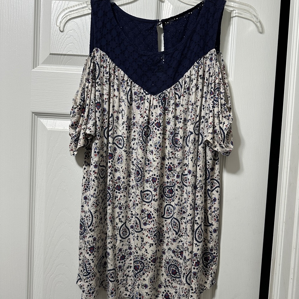 Torrid Blue and Cream Smocked Ruffle Blouse